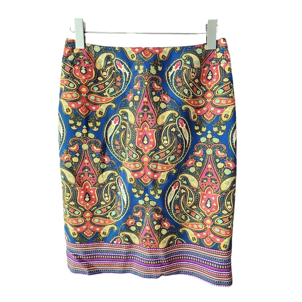 MERONA Women's Blue Red‎ Straight Pencil Lined Knee Length Skirt Size 4 Stretch